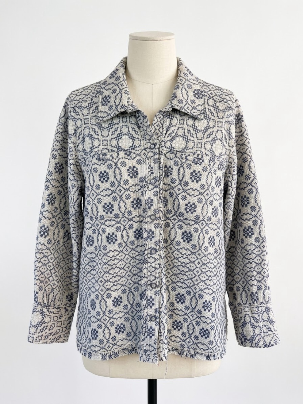 We The Free Free People Heavyweight Jacquard Button Down Shirt Blue Cream M Luxe